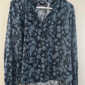 Maeve Navy and Light Blue Floral Button-Front Blouse